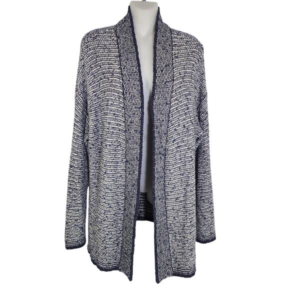 Coldwater Creek Womens Cardigan Sweater L 14 Wool Blue White Open Front Knit - Picture 1 of 10